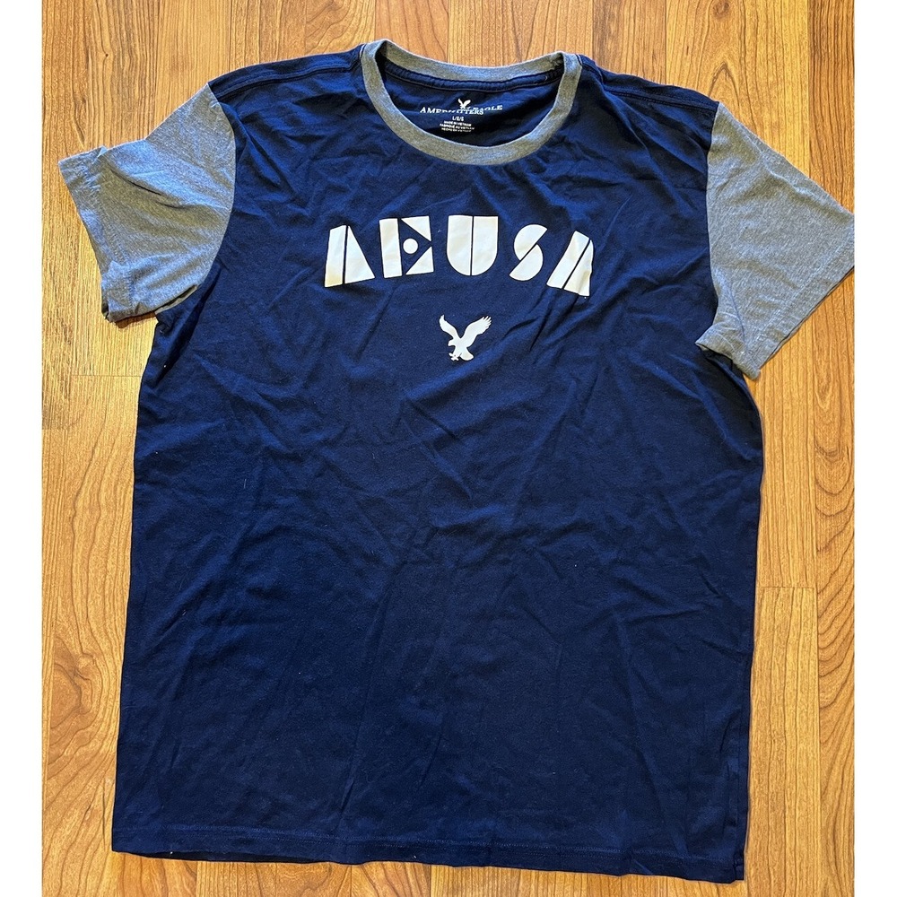 Men's American Eagle AE USA Blue Gray‎ Sz LG Logo Graphic Short Sleeve T-Shirt